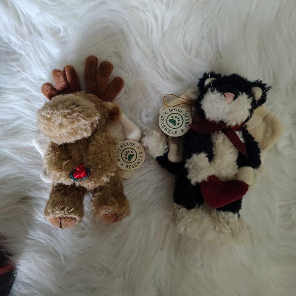 VTG 1990 Boyds Bear Cat & Moose W Wings Plush Ornaments Bundle Nwts